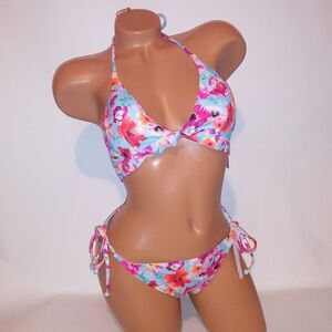 Victoria Secret Swim Bikini XL Top & Bottom Blue Pink Floral Triangle Wireless